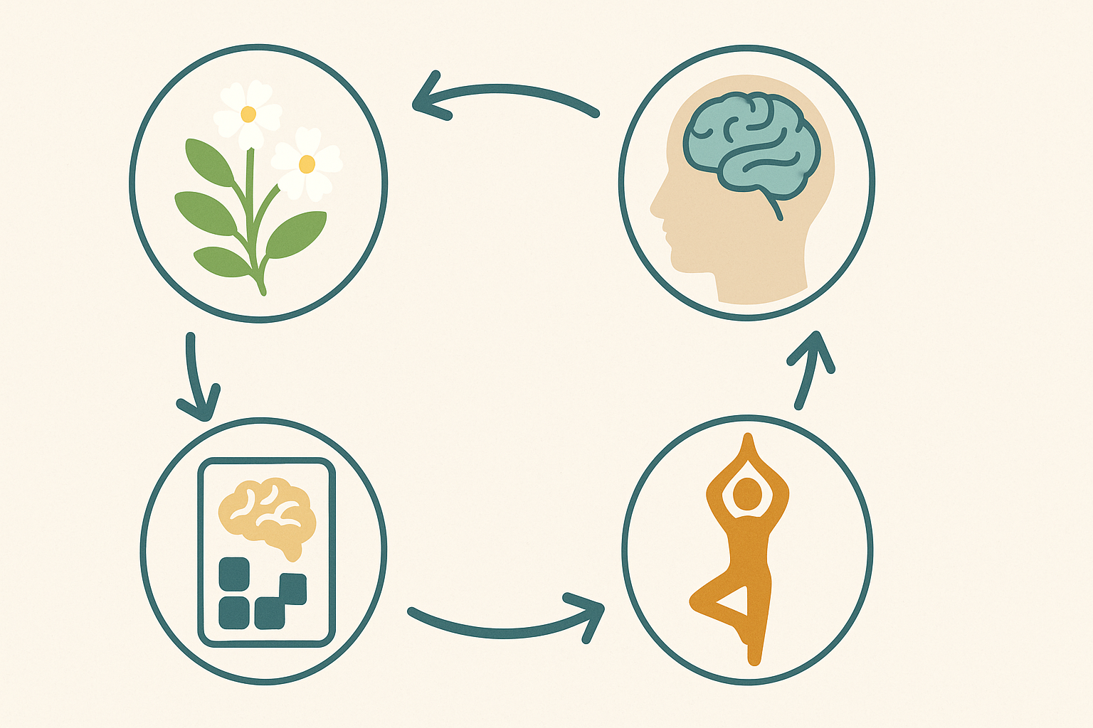 "Visual synergy diagram connecting Bacopa, Rhodiola, cognitive exercises, and healthy living to show benefits of the best herb for ADHD"