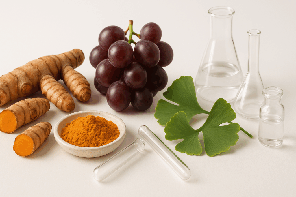 Natural supplements like turmeric and ginkgo biloba displayed with scientific equipment, exploring how age affects memory protection.