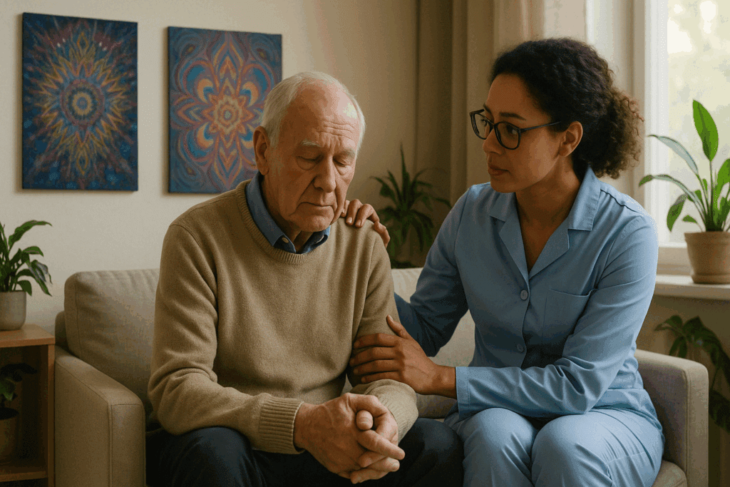 Elderly silhouette fading into clouds, symbolizing memory loss and cognitive decline linked to psilocybin and dementia research.