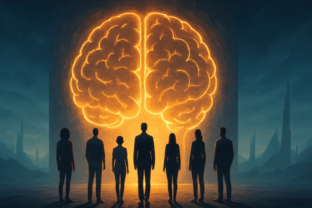 Diverse group standing before a glowing brain-shaped gateway symbolizing the future of cognitive enhancement and ethical choices with NewMind Nootropics.