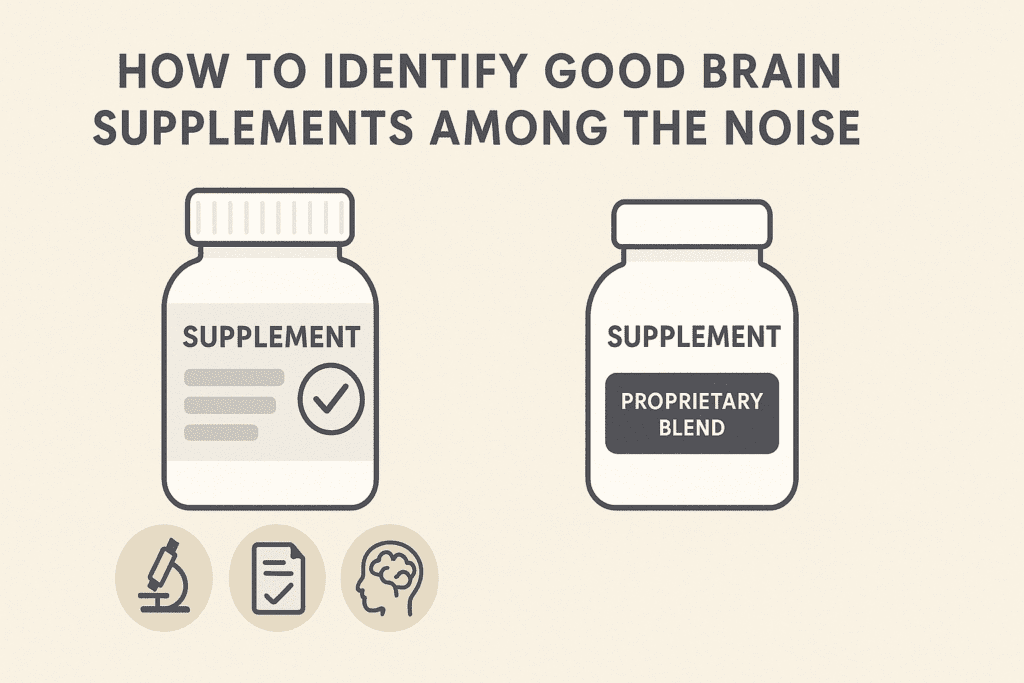 "Visual comparison of two supplement bottles highlighting ingredient transparency and third-party testing to identify the best brain supplements for adults"