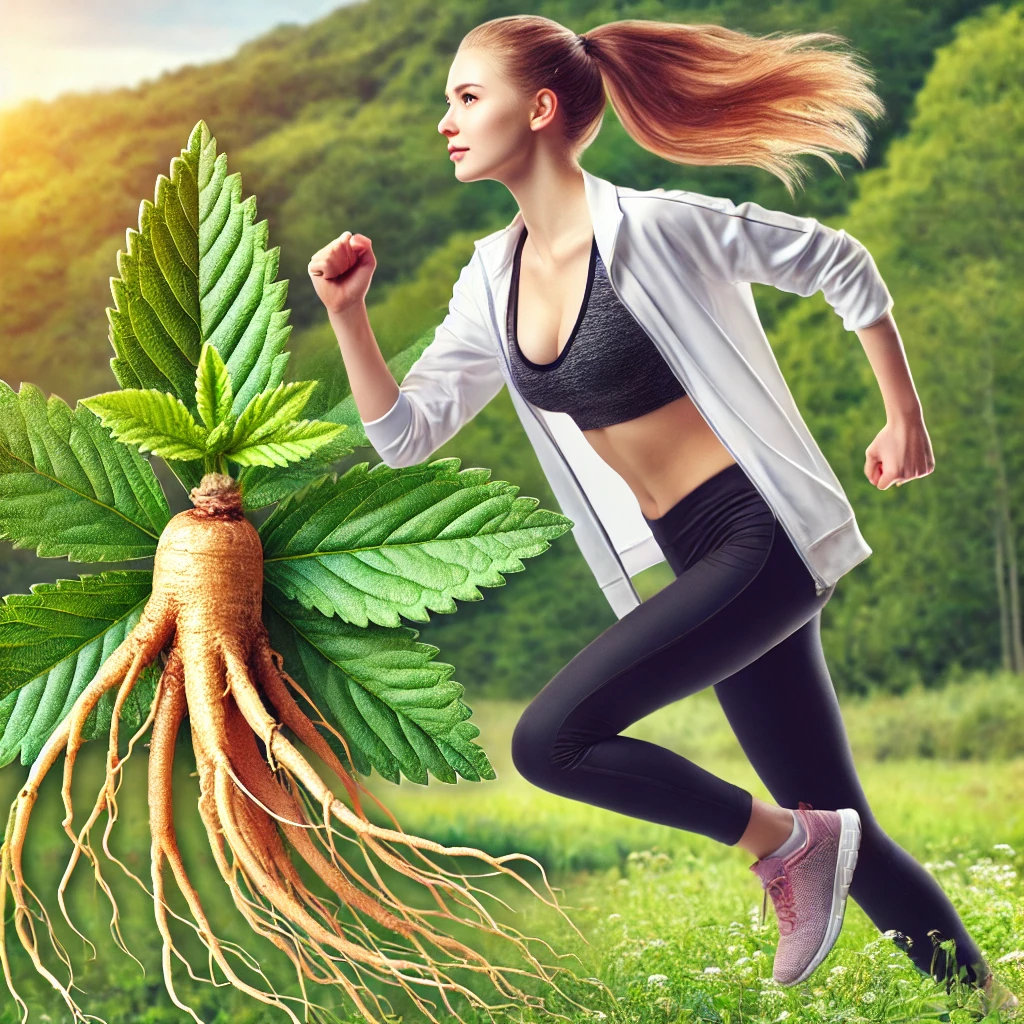 "Woman engaging in physical activity with Panax Ginseng plants, representing energy and focus as part of the best herbs for ADHD in women."