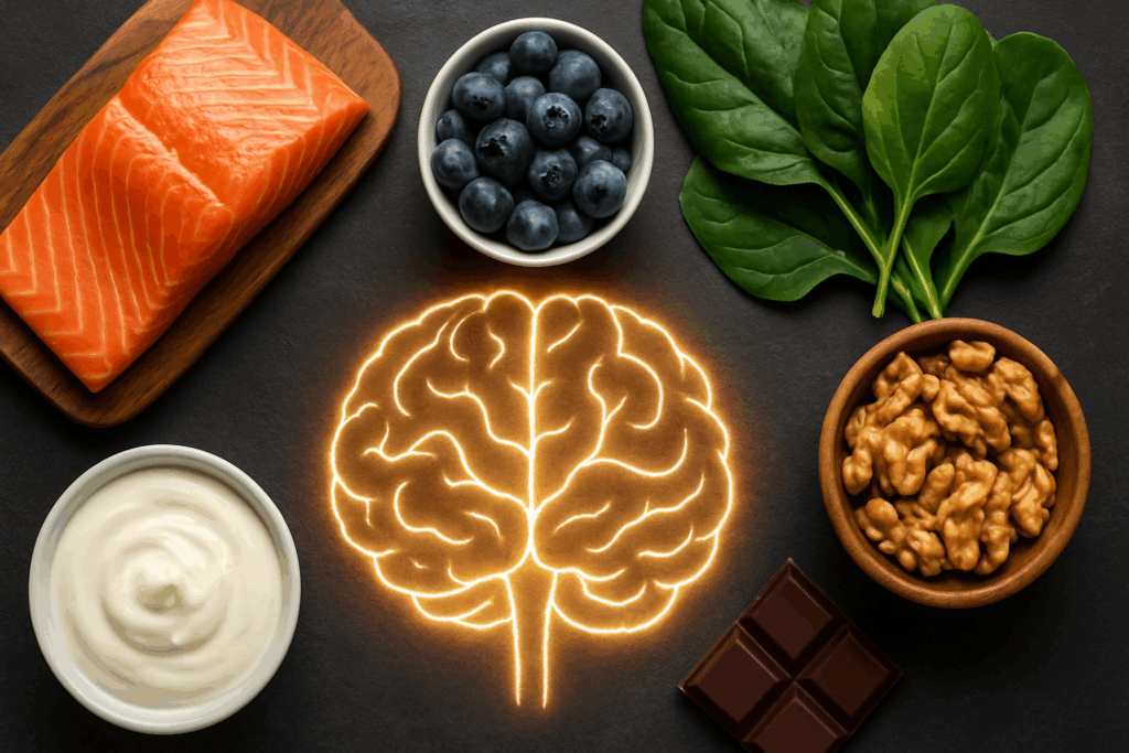 "Office workers making strategic choices with healthy foods nearby, illustrating nutrition’s impact on decision making psychology at work."
