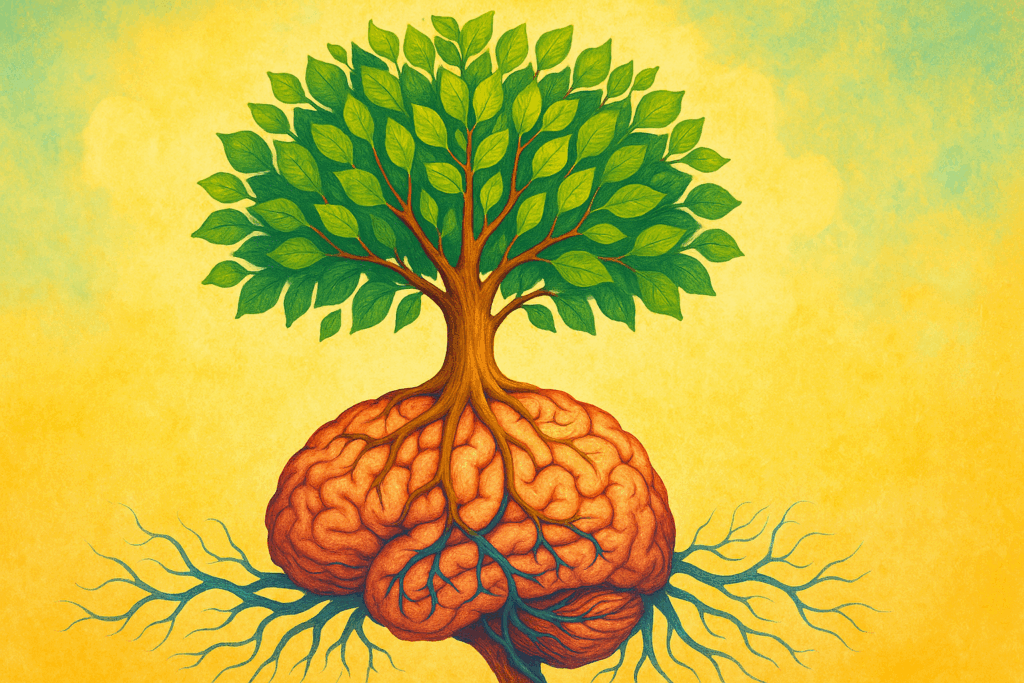 Define decision making through a visual blend of brain imagery, leafy greens, fatty fish, and memory-enhancing herbal plants