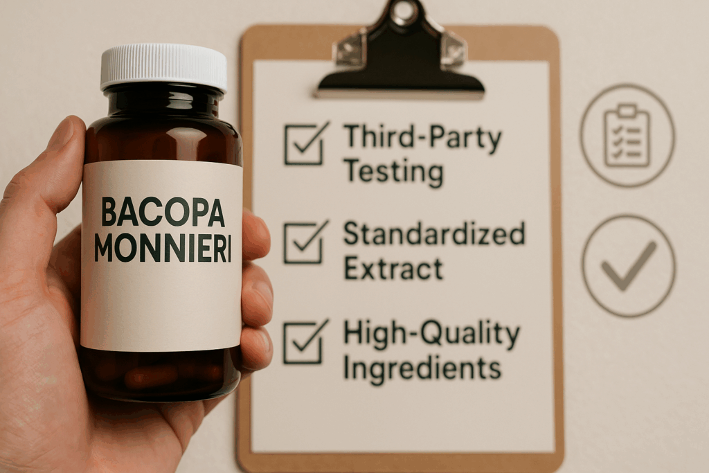 "Common Pitfalls to Avoid When Buying Bacopa Monnieri: A hand holding a Bacopa Monnieri supplement bottle with a checklist in the background, symbolizing the importance of reading labels and verifying product quality when buying Bacopa."