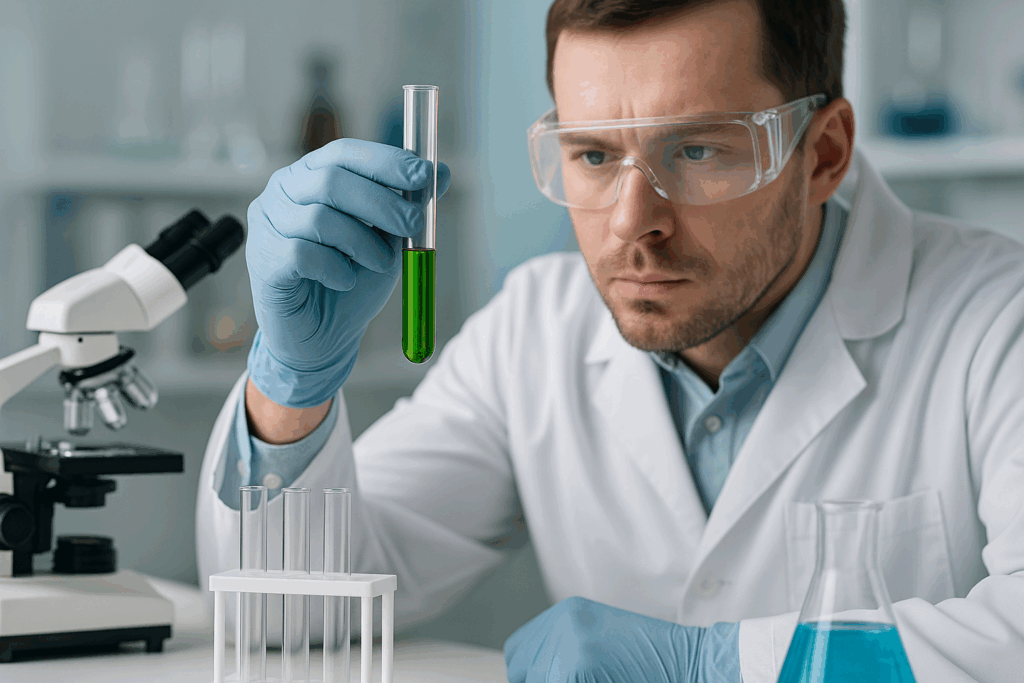 "Scientist analyzing Bacopa monnieri extract in a lab setting, emphasizing where to buy Bacopa monnieri based on scientific research and quality standards."