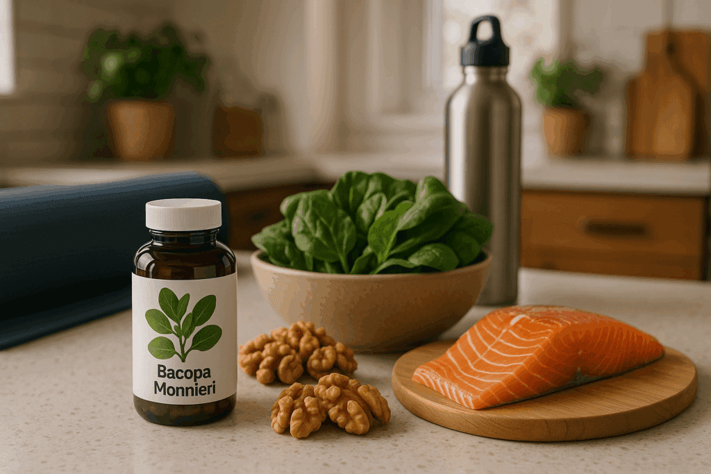 "Where to buy Bacopa Monnieri – Bacopa Monnieri supplements alongside brain-boosting foods like leafy greens and walnuts, symbolizing a holistic approach to cognitive health."