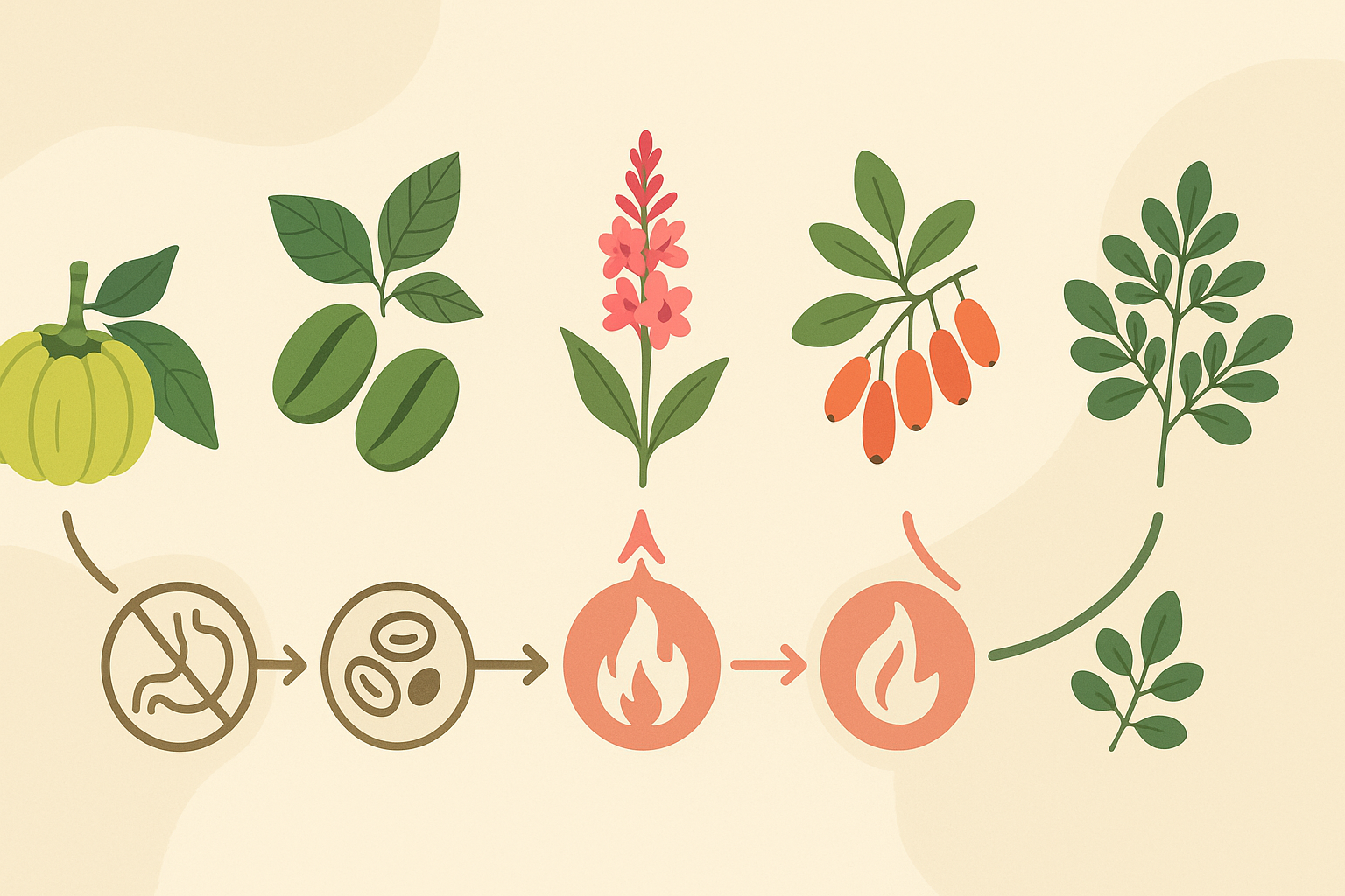 Comparative chart ranking proven herbal remedies for fat absorption like Garcinia and green coffee for weight loss efficacy.
