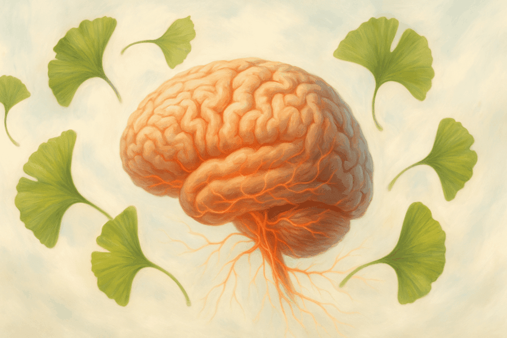 Floating Ginkgo biloba leaves surrounding a brain with glowing blood vessels, illustrating natural stimulants for focus and energy