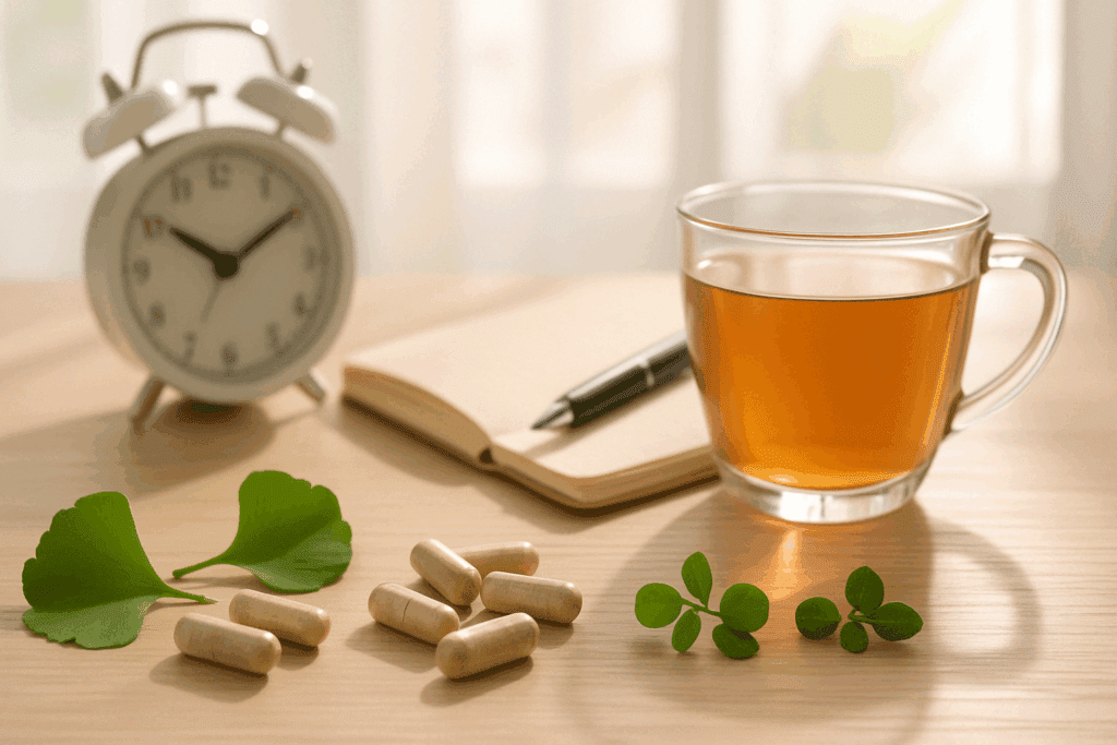 Daily wellness setup with Ginkgo Bacopa supplements for natural brain health and mental performance