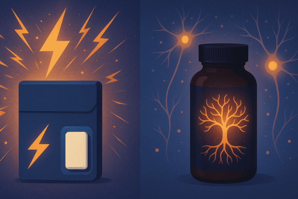 Visual comparison of fast-acting gum and a supplement bottle symbolizing How Alpha Brain May Support Better Decision-Making with neural energy and deep brain roots.