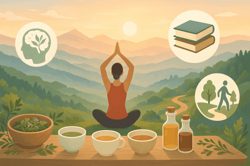 Holistic scene showing yoga, herbal tea, and nature as lifestyle practices supporting the best herbs for brain and nervous system health
