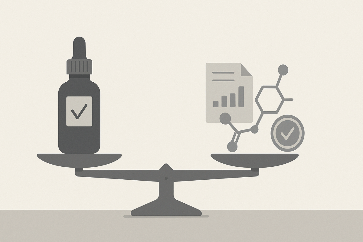 "Balanced scale comparing a branded dropper bottle to science icons, illustrating the question: Do Apetropics Smart Drops Really Work."