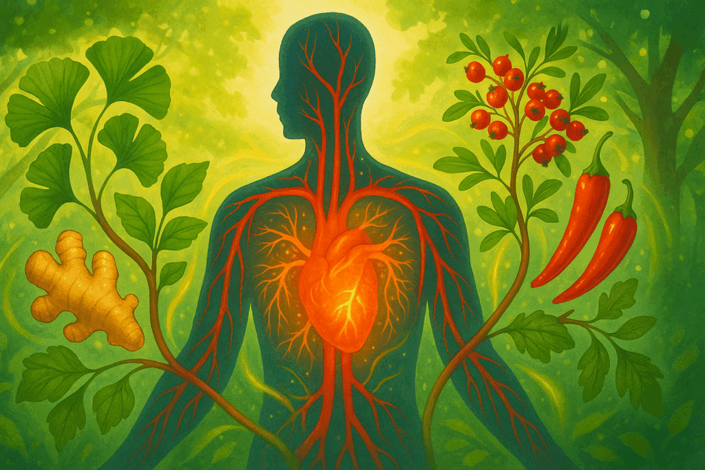 Herbal illustration showing the human circulatory system enhanced by the best herbs for circulation, including ginkgo, cayenne, and hawthorn.