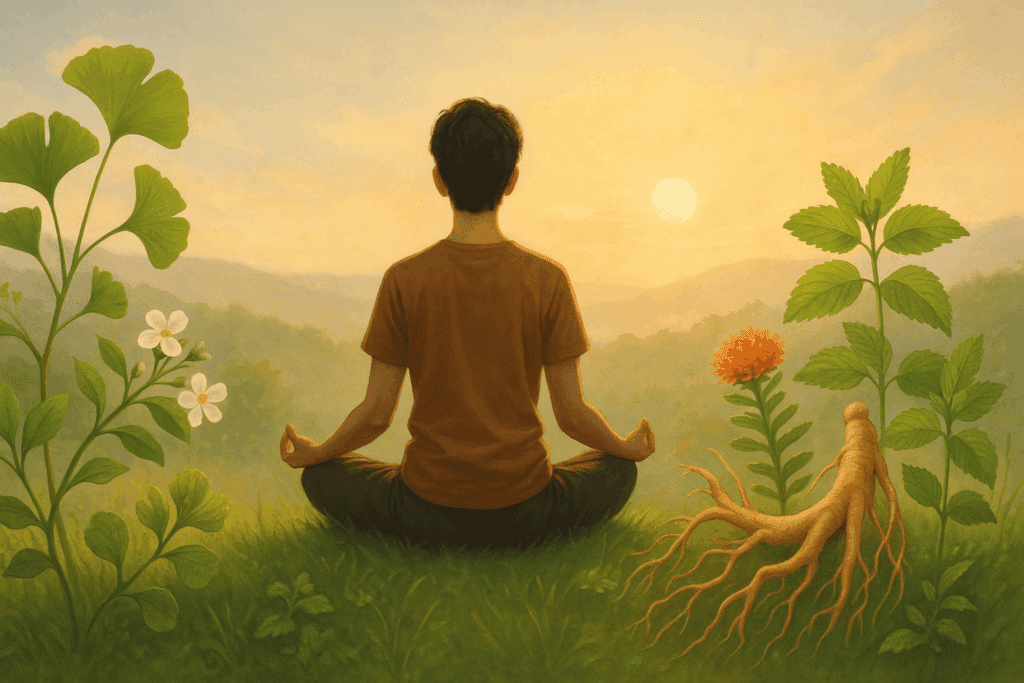 Person meditating in nature surrounded by calming herbs, symbolizing holistic search for the best herb for ADHD