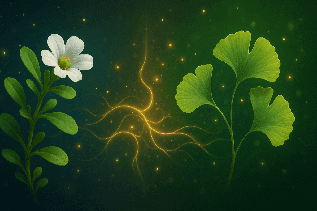 Natural supplements balanced with safety symbols, representing responsible use of Ginkgo Bacopa and Bacopa Monnieri Ginkgo Biloba.