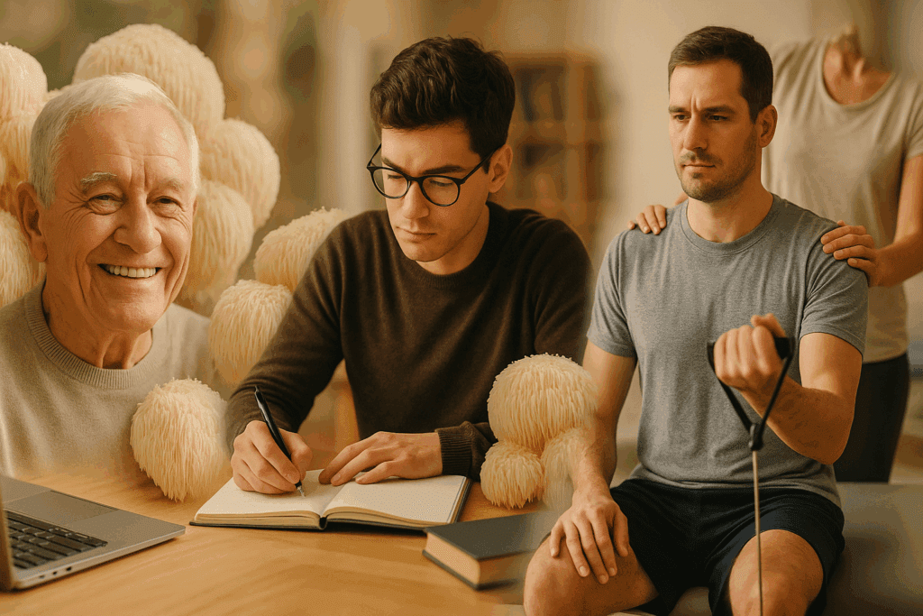"People of different ages benefiting from young Lion’s Mane mushroom for brain health, mental clarity, and recovery"