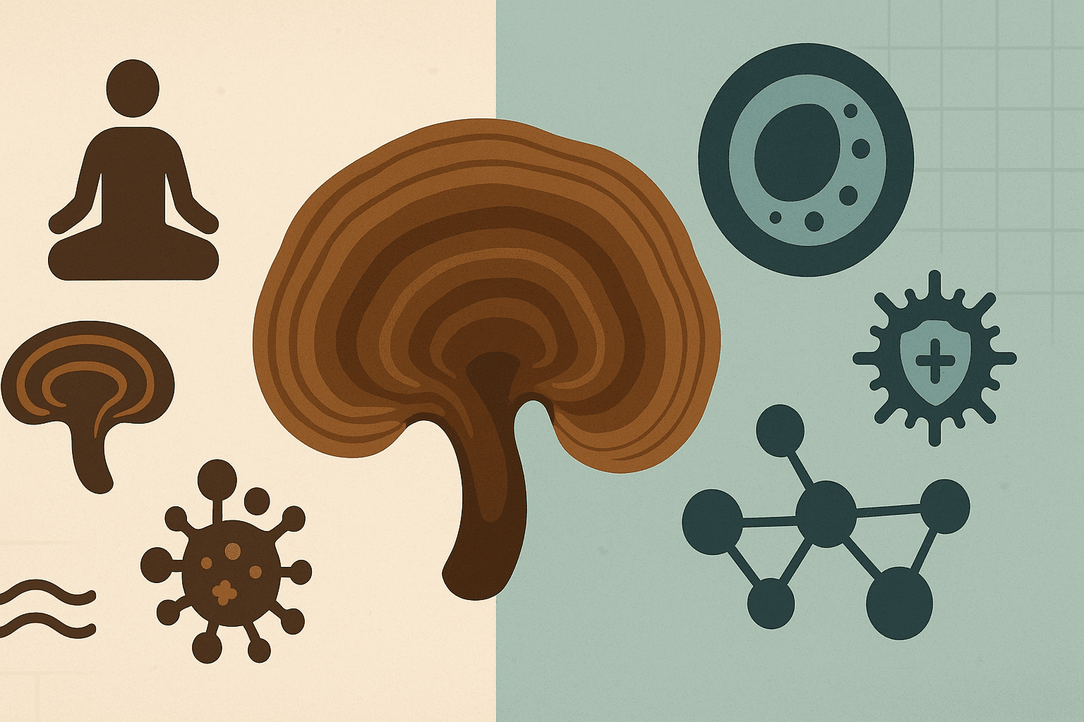 Split visual of Traditional Chinese Medicine and scientific lab research, symbolizing dual perspectives in a reishi mushroom cancer study