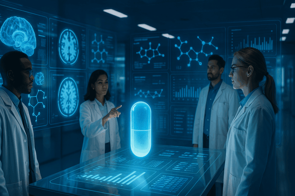 Futuristic research lab exploring clinical applications and biotechnology innovations in psilocybin mushroom supplements