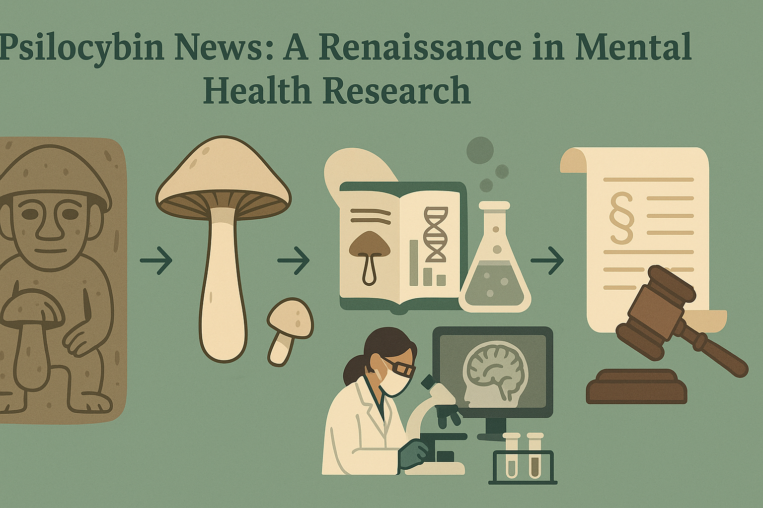 Timeline visualizing key breakthroughs in psilocybin and serotonin research from ancient use to modern clinical therapy