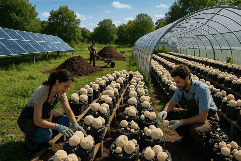 Ethical mushroom farm with workers tending to organic lion's mane under sustainable, solar-powered infrastructure