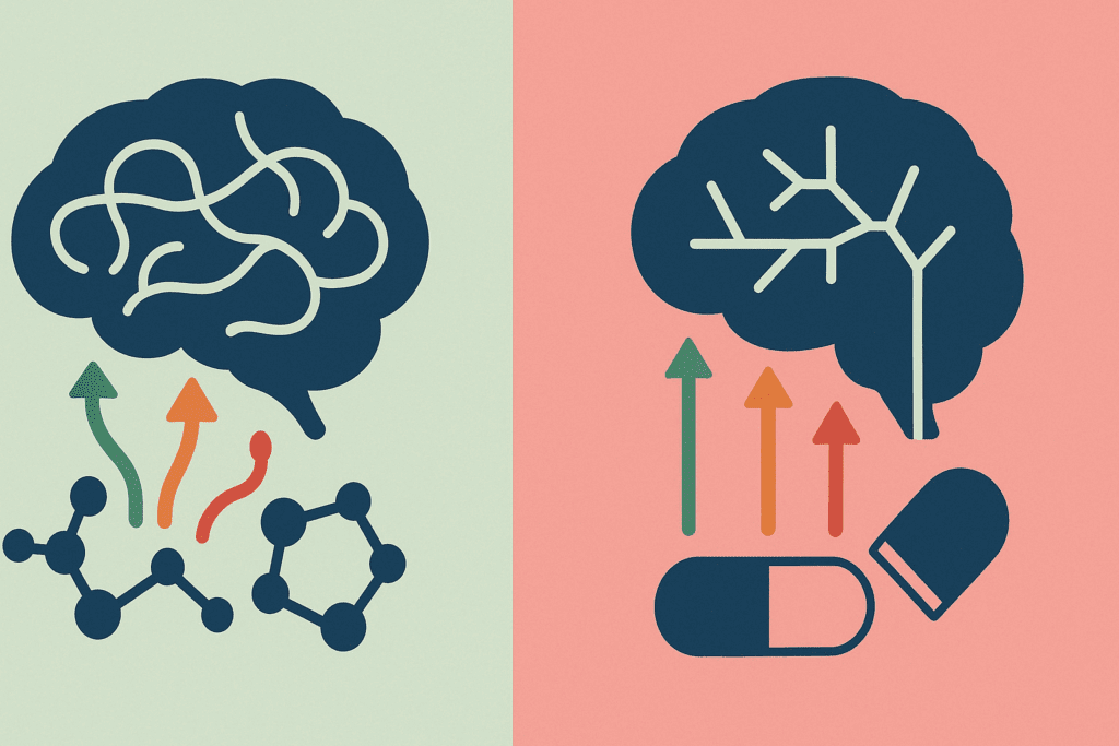 "Infographic comparing how Avantera Elevate nootropic ingredients and Adderall affect brain neurotransmitters, designed for Avantera Elevate reviews"