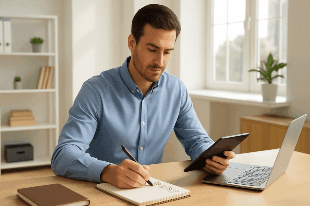 "Adult man confidently checking off tasks in a bright office, illustrating focus and clarity from the best medication for inattentive ADHD in adults"