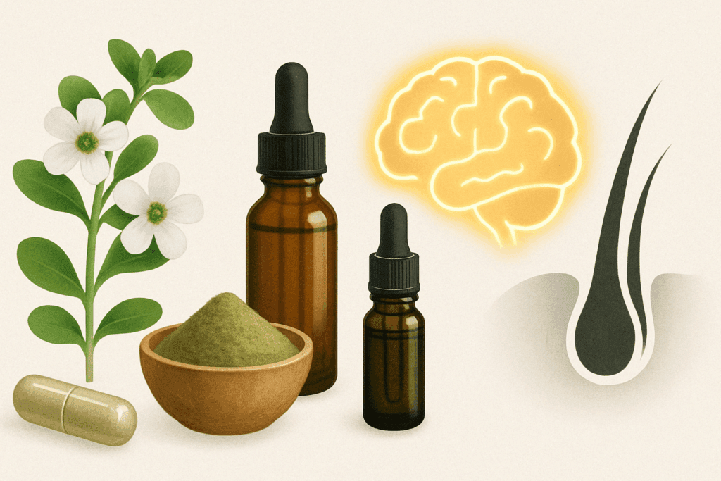 Visual comparison of Bacopa in powder, capsule, oil, and tincture forms to guide users on where to buy Bacopa Monnieri