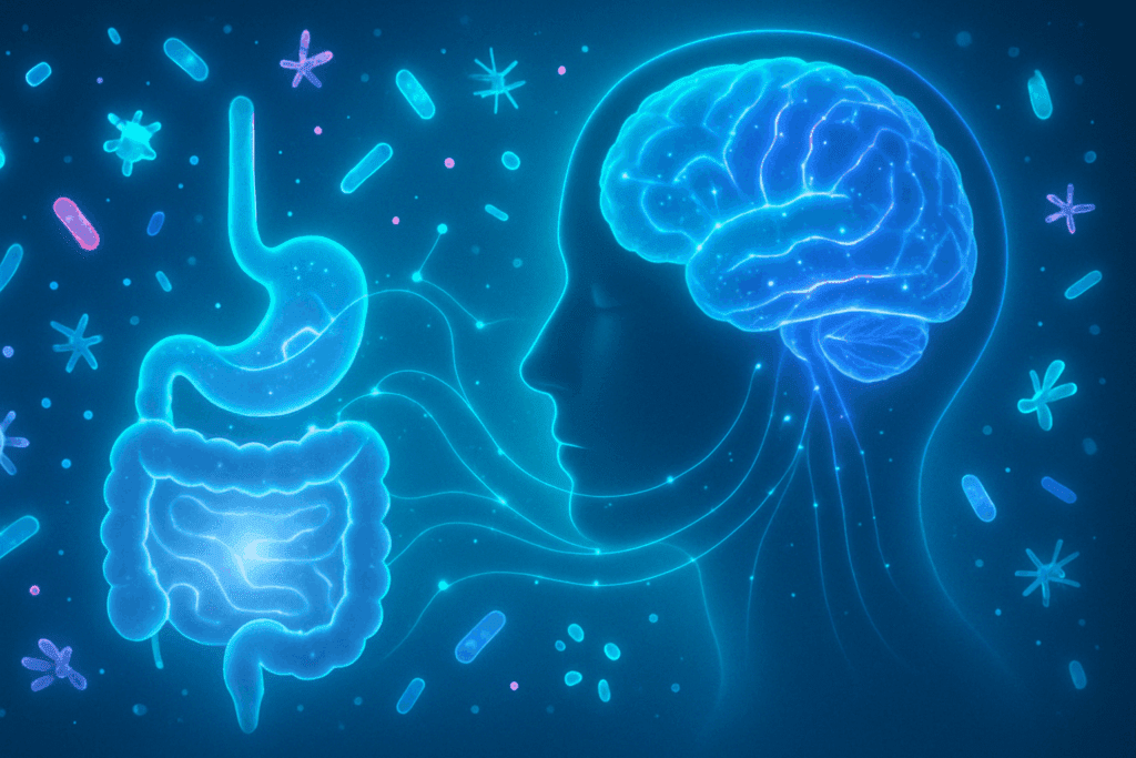 "Stylized illustration of the gut-brain axis showing glowing digestive tract and brain connected by light patterns, symbolizing synergy of microbiota and the best supplements for menopause brain fog."