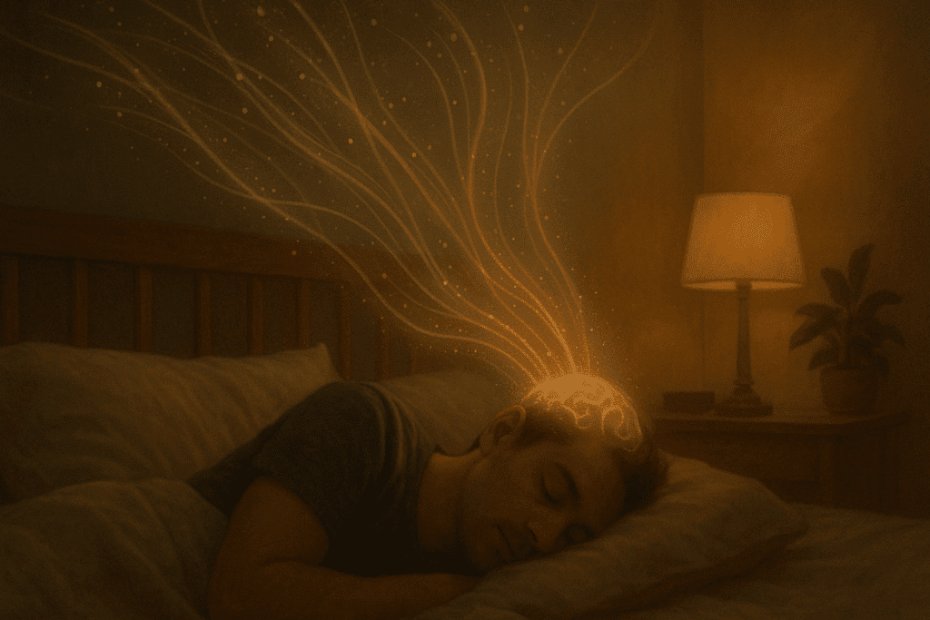 "Person sleeping peacefully in a warm bedroom with glowing light trails symbolizing memory consolidation and cognitive brain function."