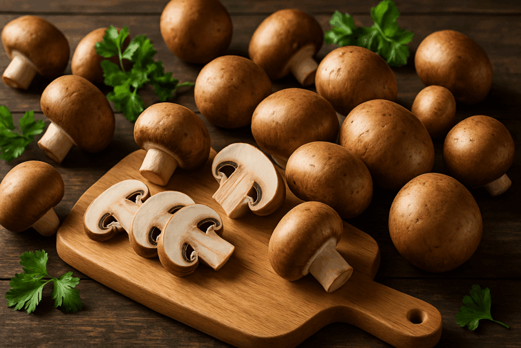 Side-by-side comparison of crimini and brown mushrooms highlighting the nutritional value of brown mushrooms and crimini mushrooms