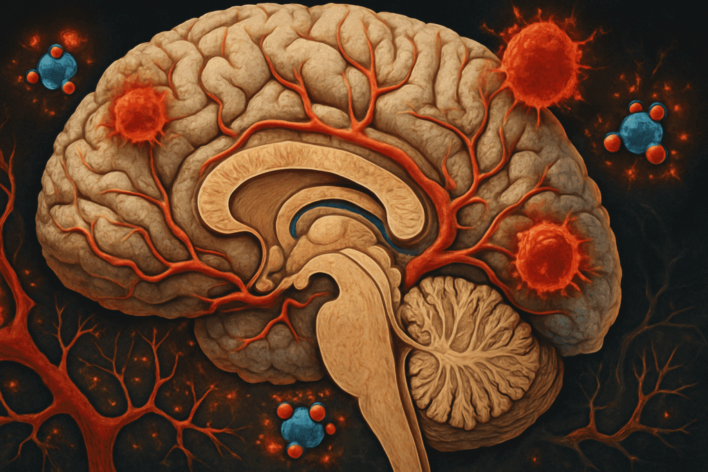 “Cross-section of a human brain showing hippocampus, blood vessels, and neurons under inflammation and oxidative stress, illustrating how to protect your brain from damage”