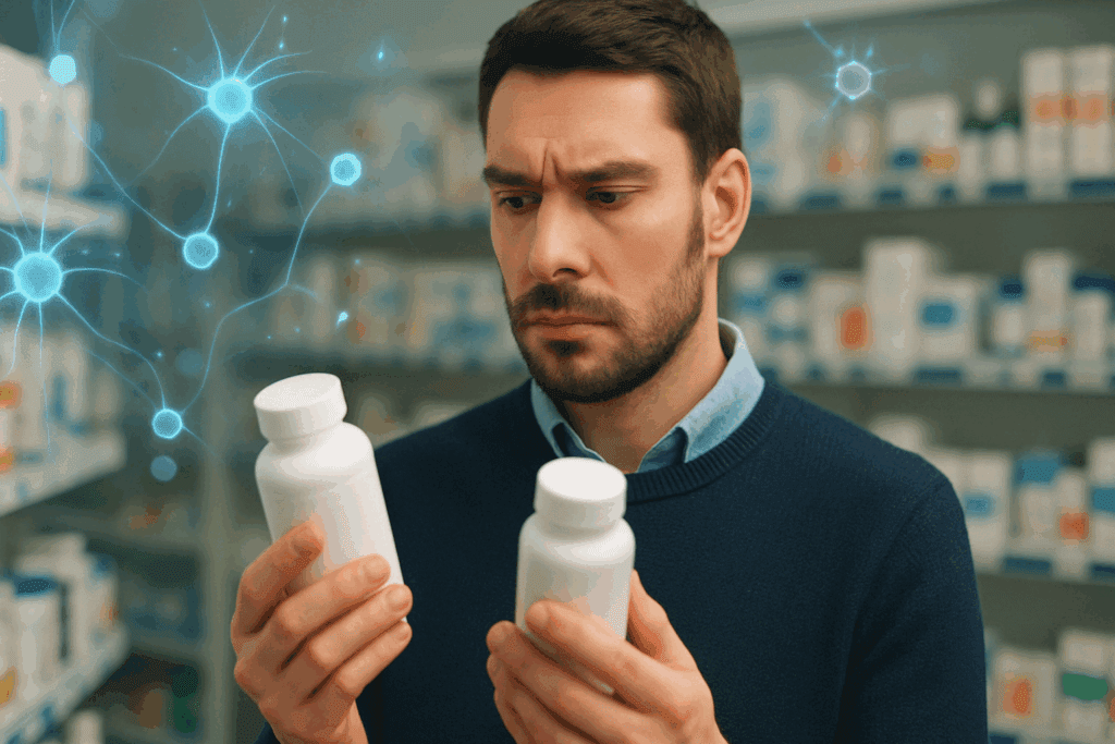"Man comparing two supplement bottles in a pharmacy aisle, evaluating the best multi vitamin for memory amid glowing cognitive graphics."