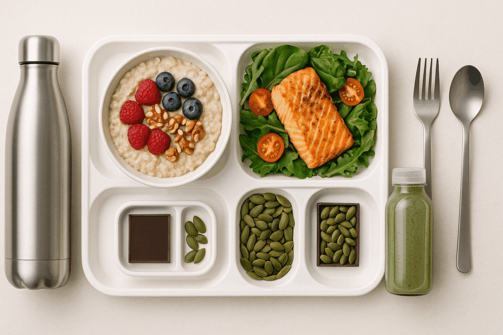 Visual diagram of brain surrounded by nutrient sources like whole grains, berries, leafy greens, and seeds illustrating the best foods for energy and concentration