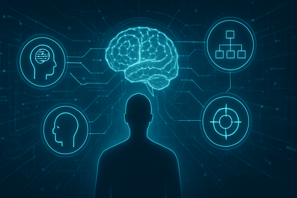 "Human silhouette with illuminated brain surrounded by neural networks and icons for memory, focus, and decision-making, symbolizing the effects of Brain Savior supplement on cognitive enhancement"