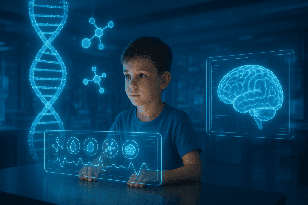 Child in a futuristic lab surrounded by holographic brain scans, DNA strands, and nutrient molecules, symbolizing the best vitamins for child brain development.