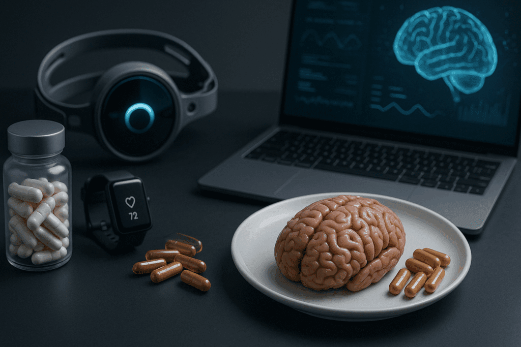 Futuristic biohacker desk with smart supplements, brainwave monitor, and plated animal brain next to nootropic capsules, exploring can we eat brain practices.