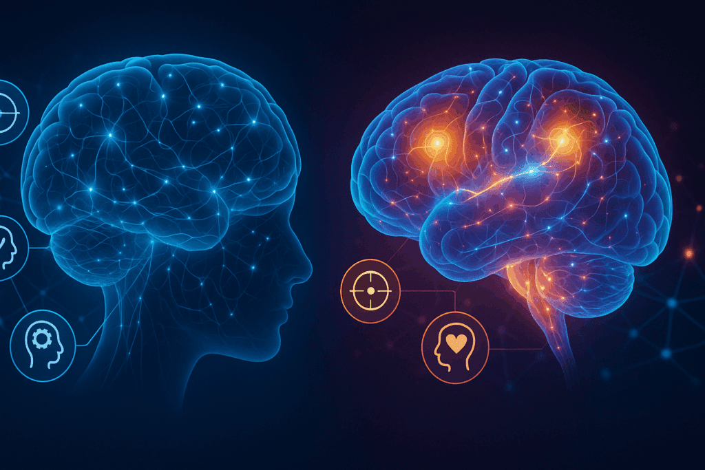 “Comparative brain activity before and after Class A ADHD medications, showing increased neural connectivity in regions tied to focus, decision-making, and emotional regulation”