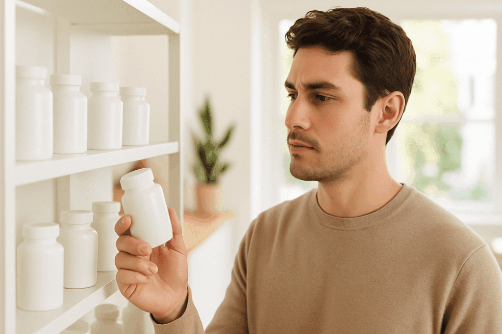 "Man thoughtfully examining supplement bottle on shelf in bright wellness store while researching the best GABA supplement for ADHD"