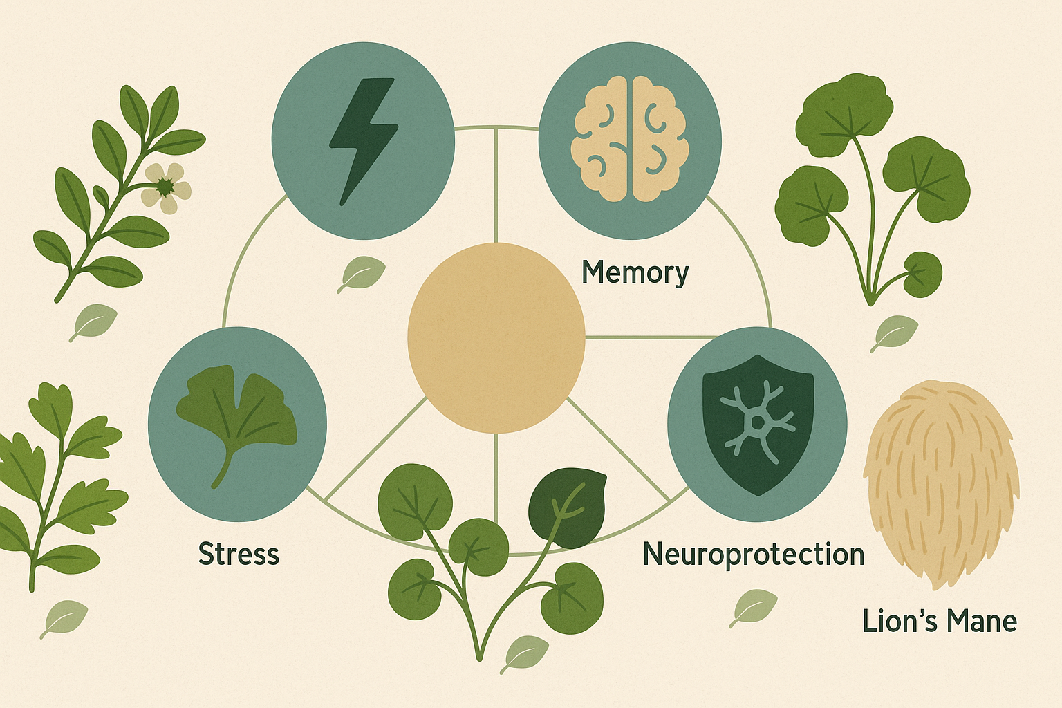 Comparative diagram showing five medicinal herbs and their brain health benefits, helping users discover the best herb for ADHD naturally.