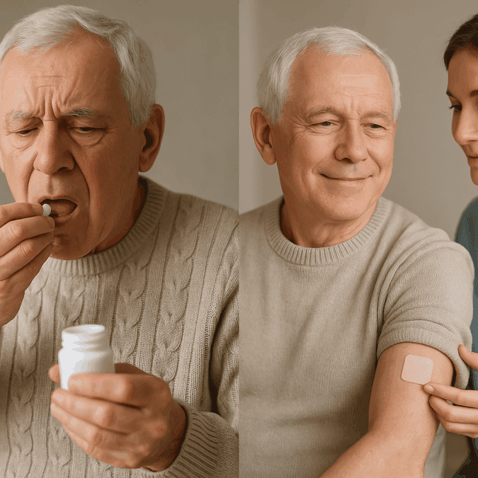 Elderly man applying memory patches for dementia on his upper arm with caregiver supervision in a home care setting.