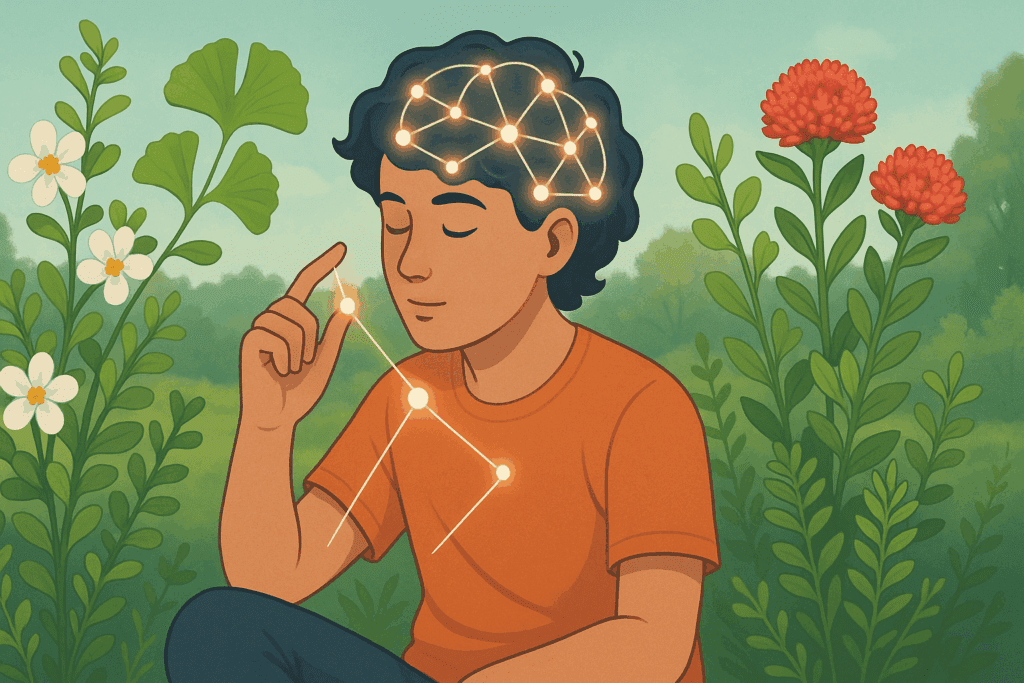 Visual diagram comparing Bacopa, Ginkgo, Rhodiola, Gotu Kola, and Panax Ginseng to help identify the best herb for ADHD.