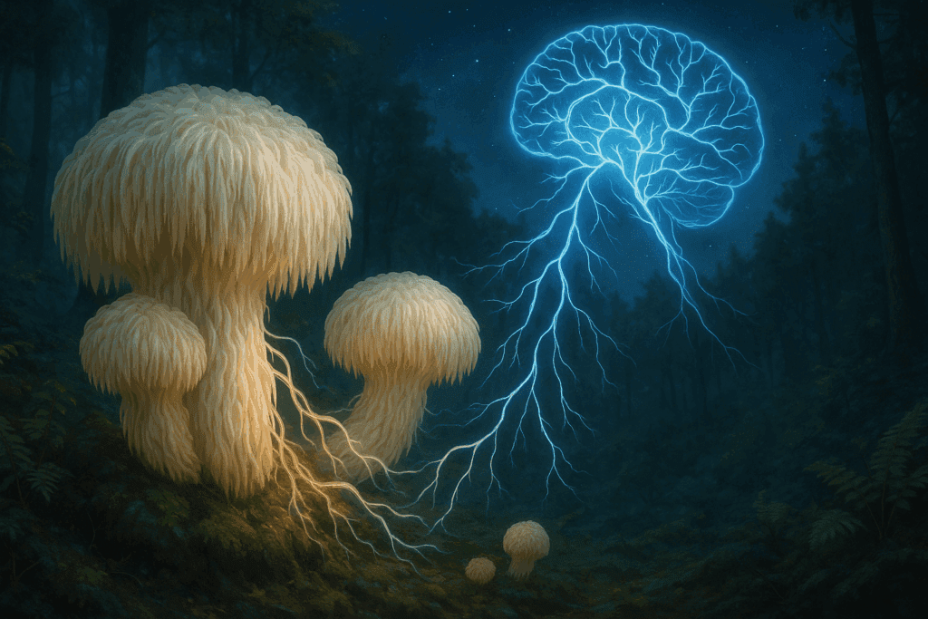 Lion’s mane mushrooms glowing in a forest with neural tendrils linking to a brain, highlighting natural stimulants for focus and energy
