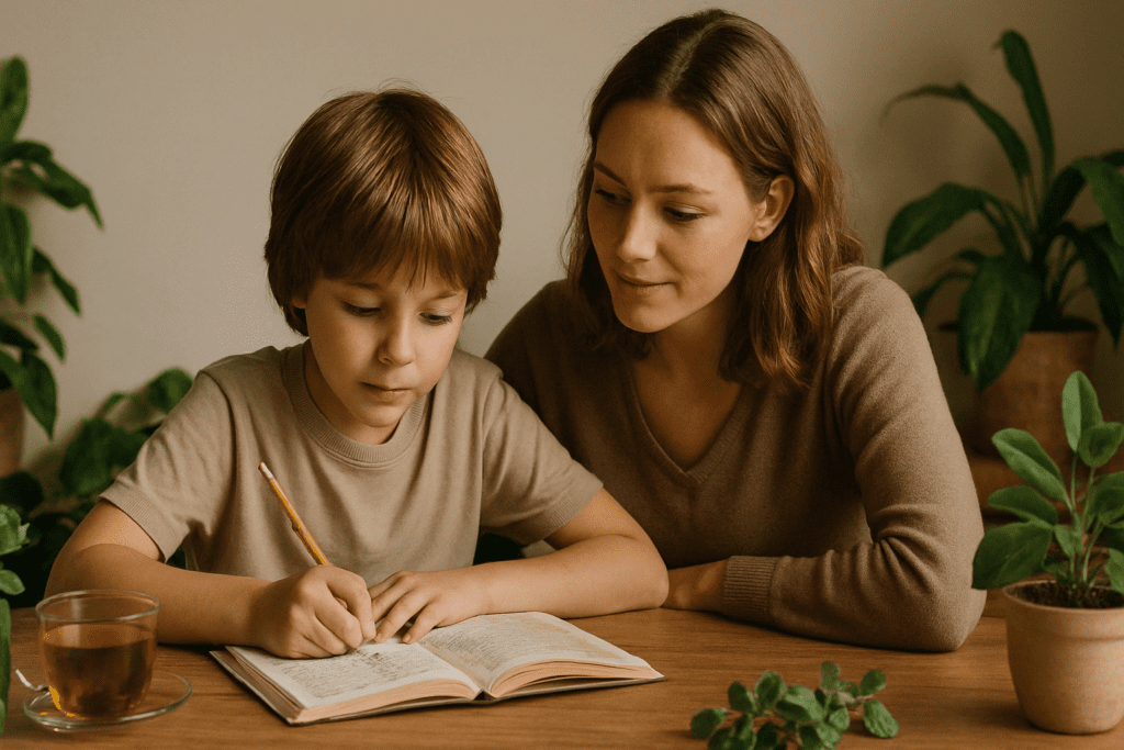 Child reading at a desk with a parent, surrounded by soft lighting and bacopa monnieri plant elements in the background.