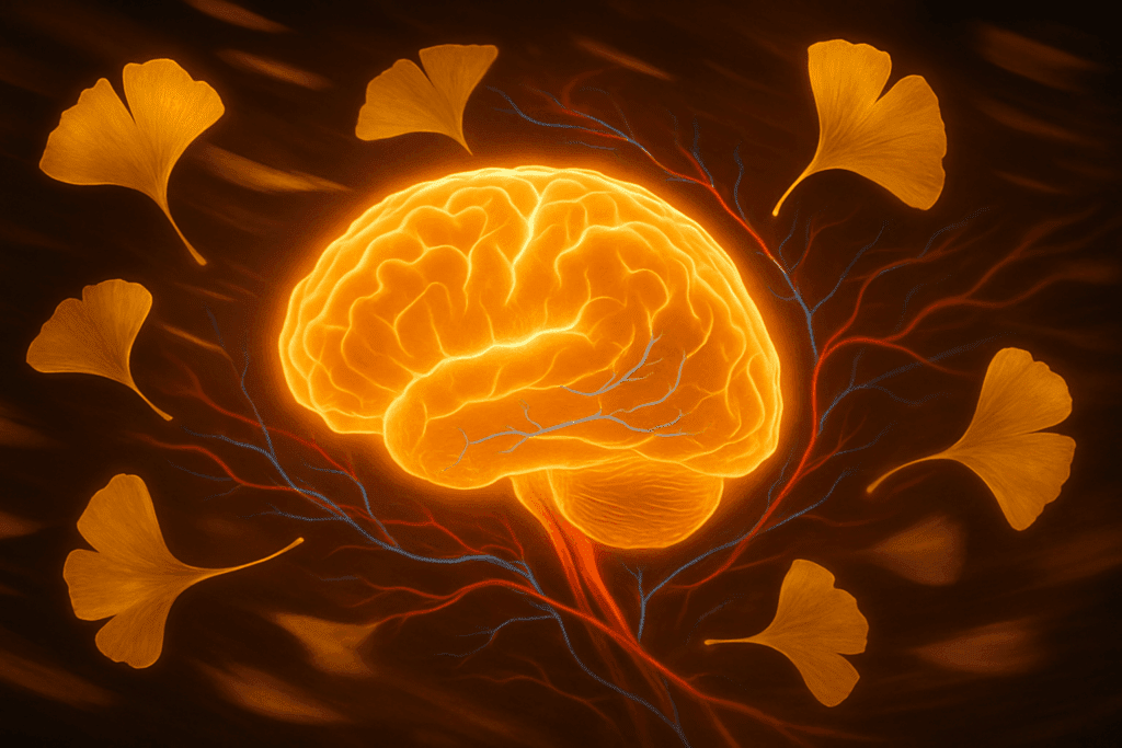 "Ginkgo biloba leaves swirling around a glowing brain to illustrate the best herb for ADHD and improved mental clarity"