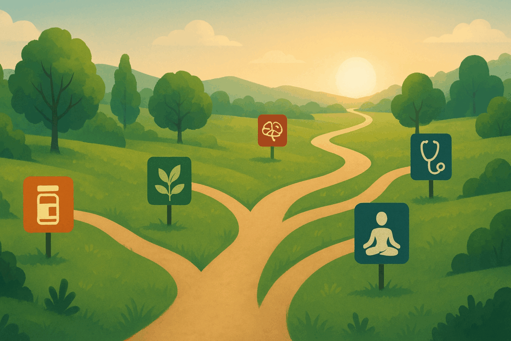 Winding trail through a lush green landscape with signs representing multivitamins for seniors, nootropics, medical care, and lifestyle wellness leading toward a glowing horizon