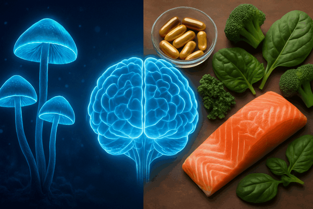 Split-scene visualizing the transition from stigma to acceptance in psilocybin and dementia therapy advancements.