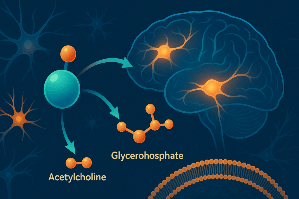 Illustration of Alpha GPC benefits showing its conversion into acetylcholine and glycerophosphate in the brain with neural pathways.