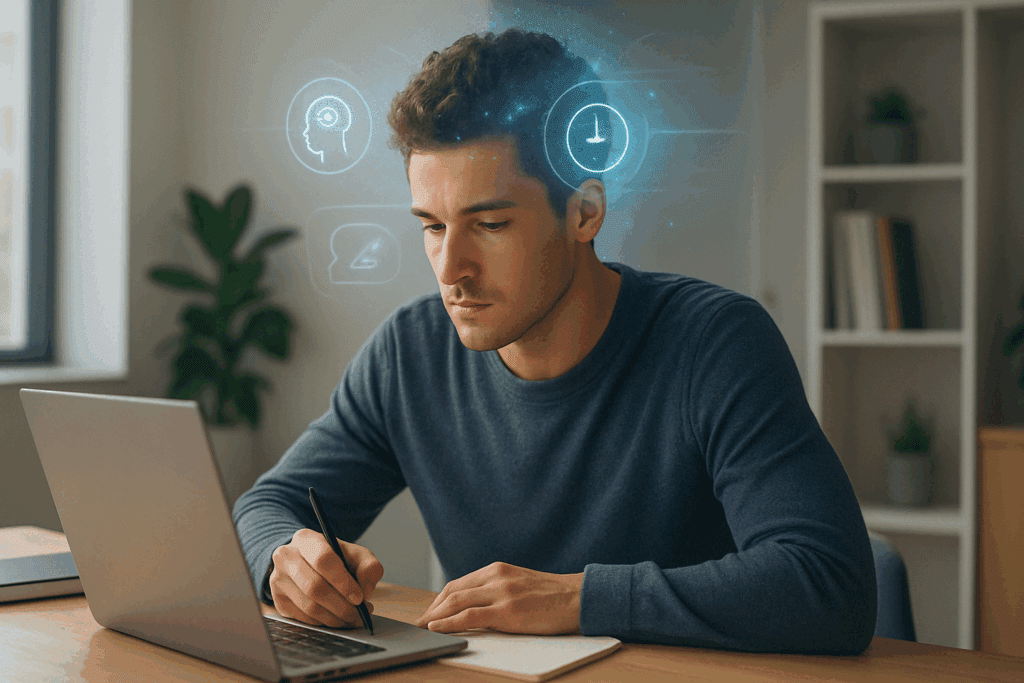 Focused man working in modern workspace with glowing digital effects symbolizing Alpha GPC benefits for mental clarity.