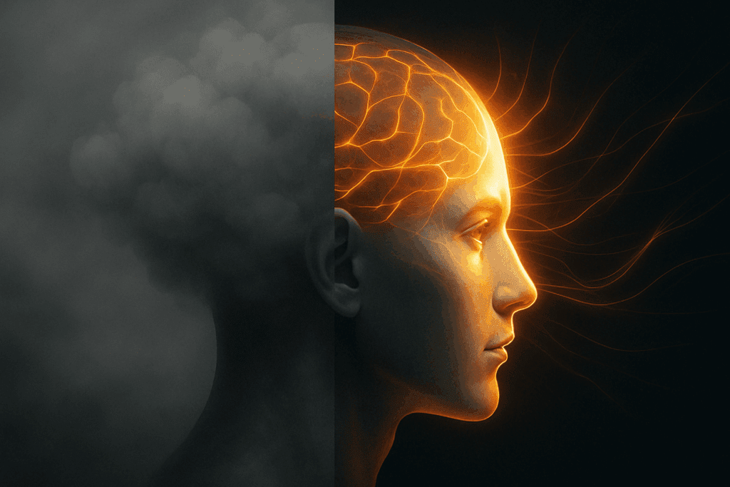 Conceptual split view of a human head showing transition from brain fog to clarity, symbolizing Alpha GPC benefits for cognition.